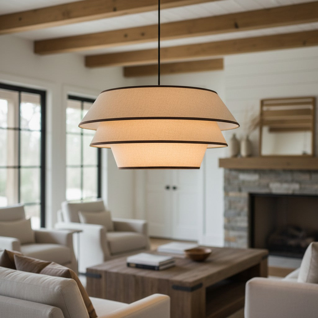 Lampada a sospensione Tarivon con struttura in acciaio e paralume in tessuto – Lampada moderna da soffitto per sale da pranzo