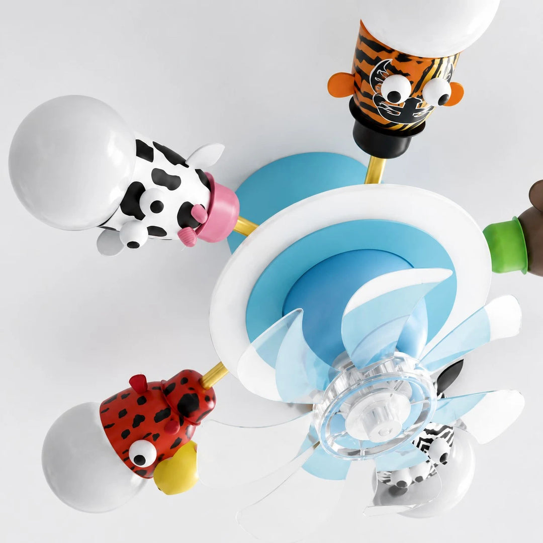 Close view of the animal lamp arms and fan center