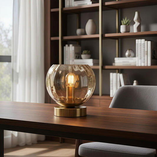 Lámpara de Mesa Tracian Modern Dimple Globe – Lámpara Decorativa Ambiental de Latón para Dormitorio o Salón
