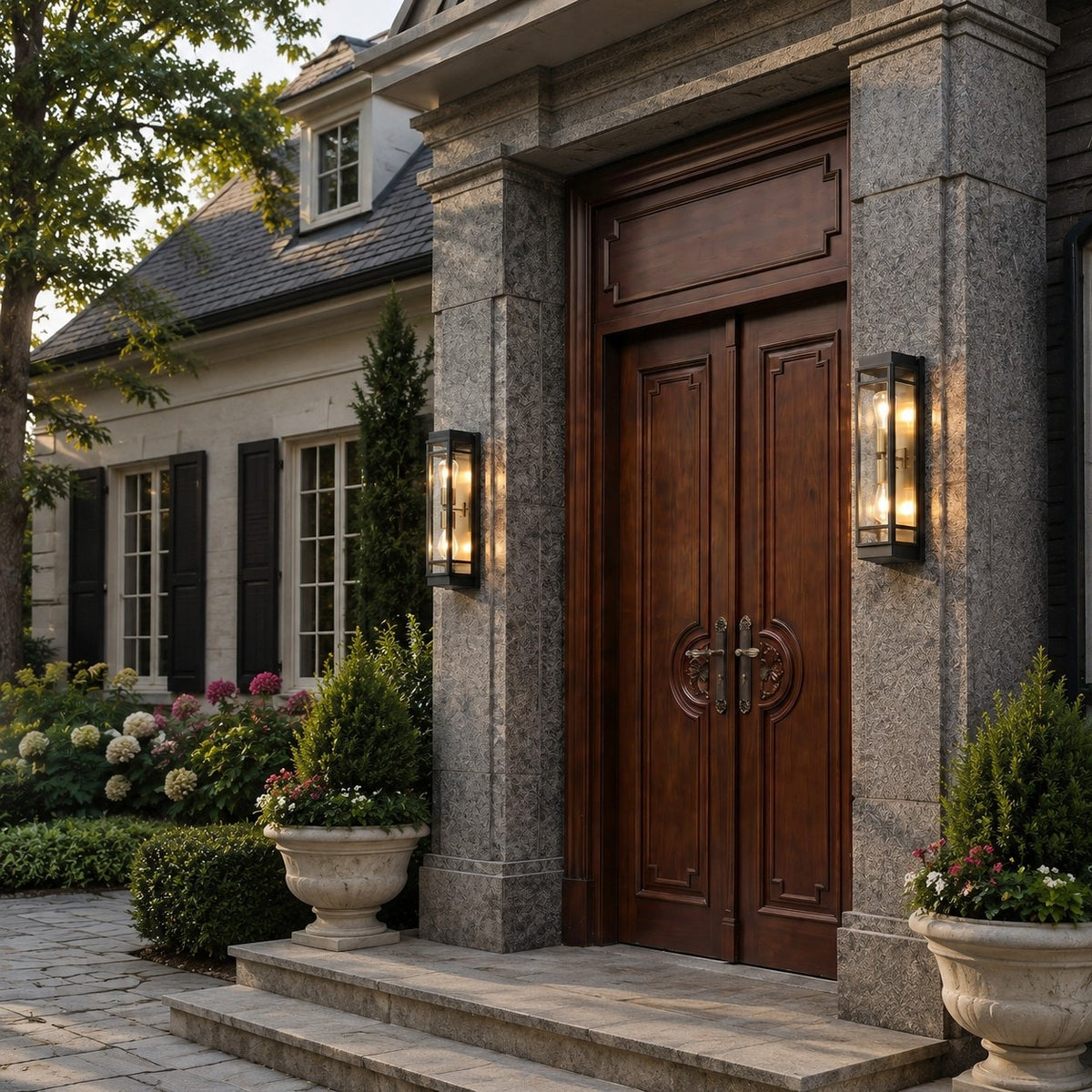 Black glass outdoor wall sconce outdoor installation scene