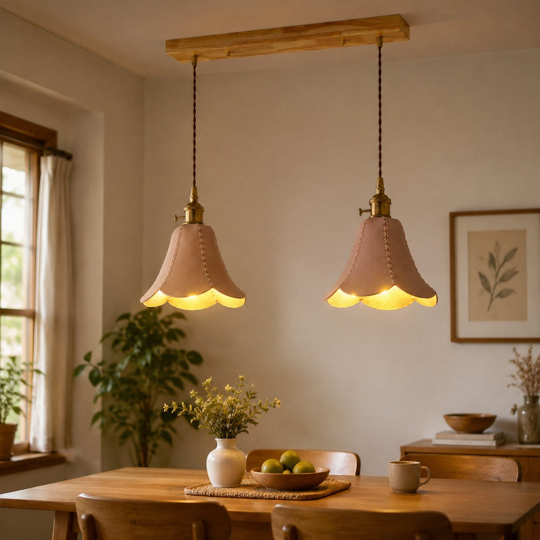 Natural double pendant above a dining table