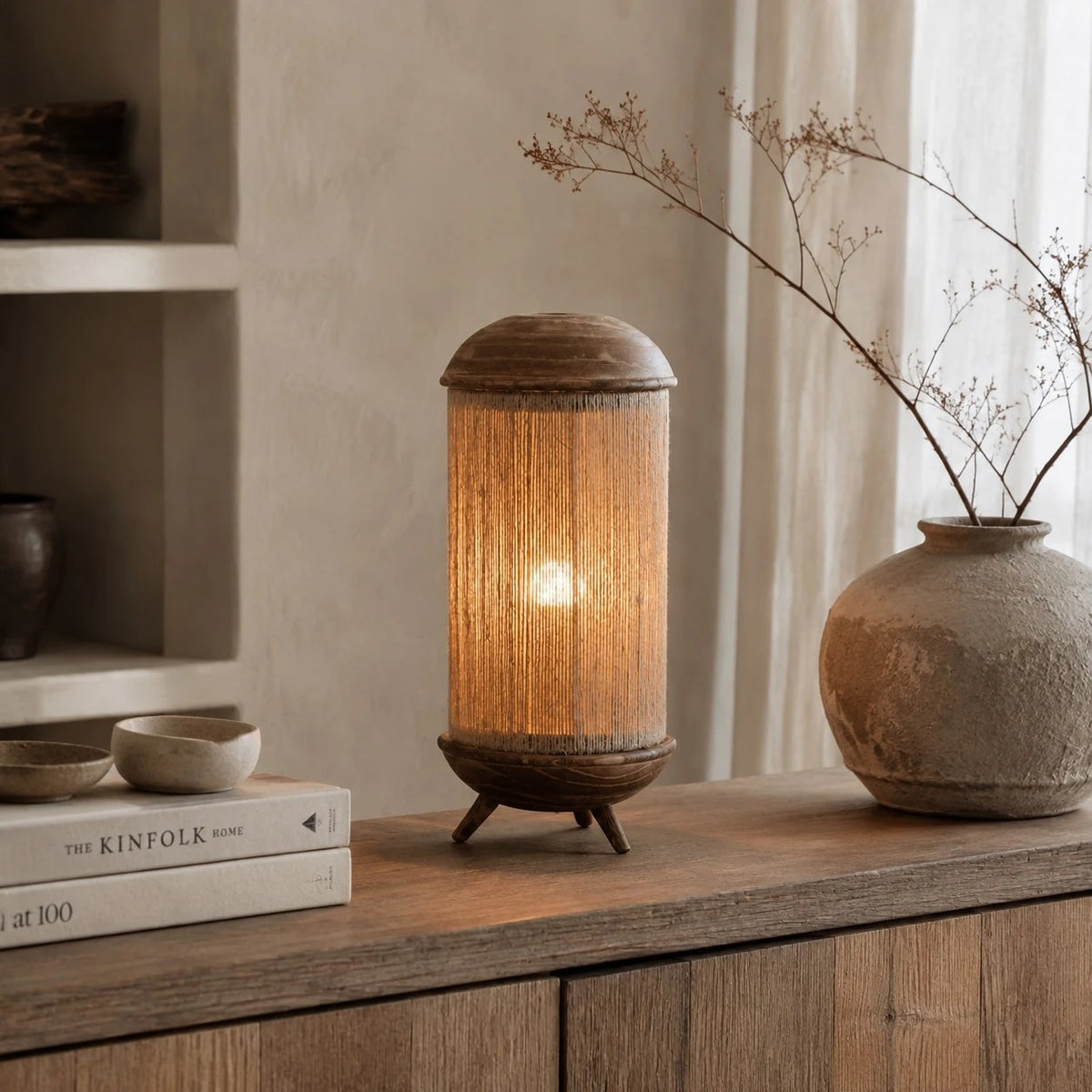 Shelf styling scene with corded linen style