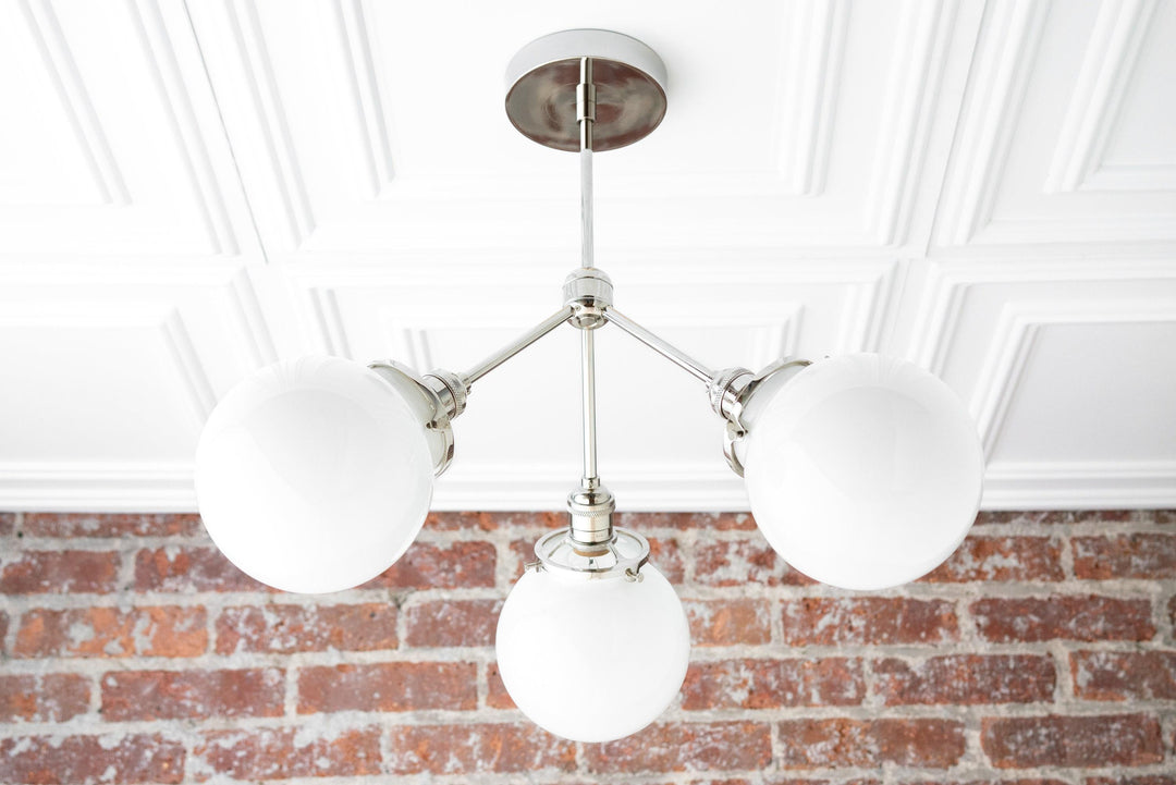 Glorica Glass Chandelier - Brass Globe Ceiling Light with Opal Shade