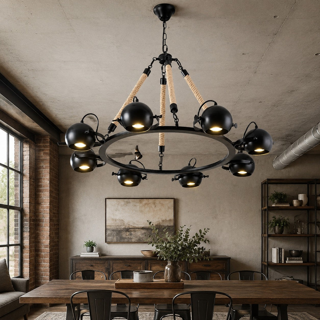 Industrial Rope Chandelier with Adjustable Rounded Heads