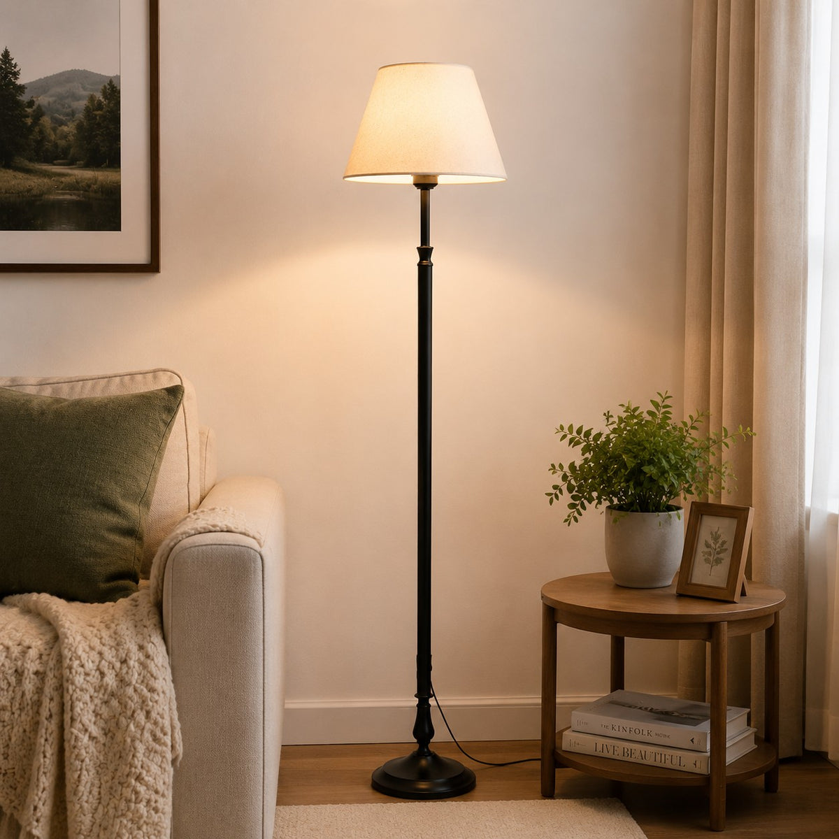 Vintage black floor lamp shown in a quiet evening interior