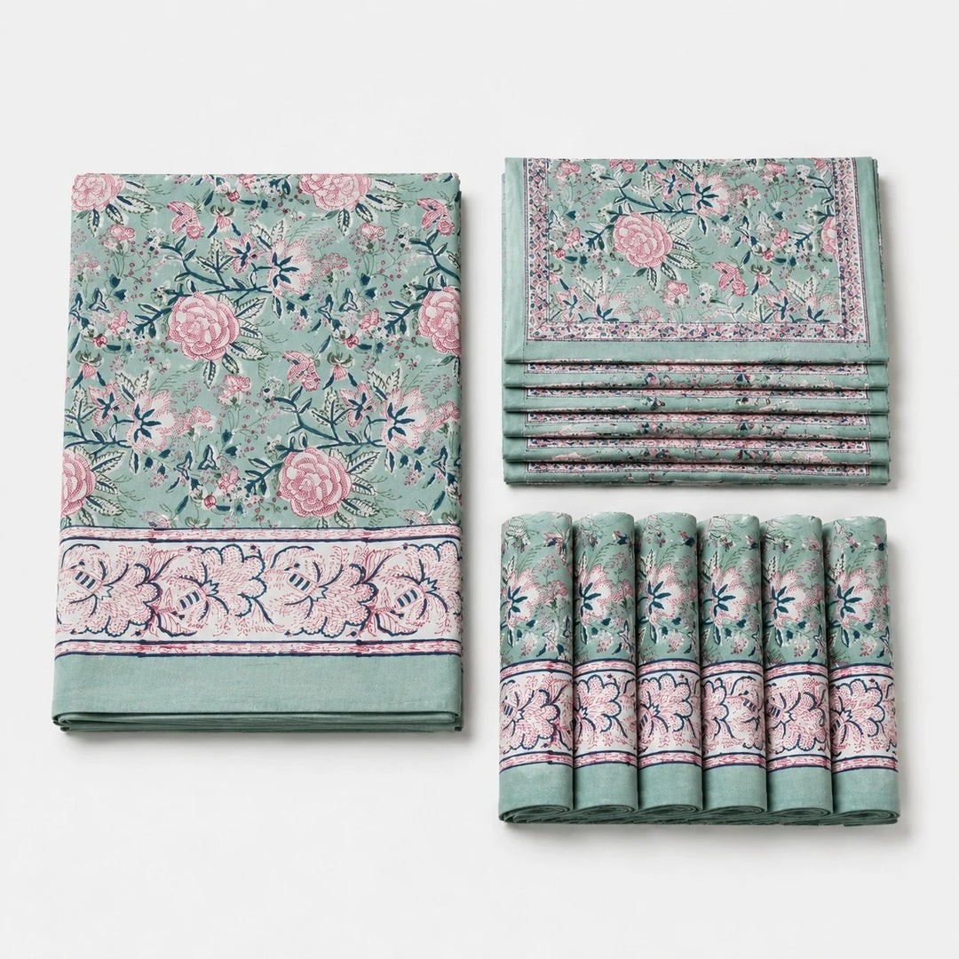 Folded sage green floral cotton linen tablecloth set