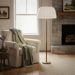 Załaduj obraz do przeglądarki galerii, Vellaro mosiężna lampa podłogowa z abażurem z tkaniny – nowoczesne oświetlenie stojące do salonu lub sypialni