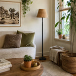 Afbeelding laden in galerijweergave, Natural woven floor lamp in a cozy living room corner