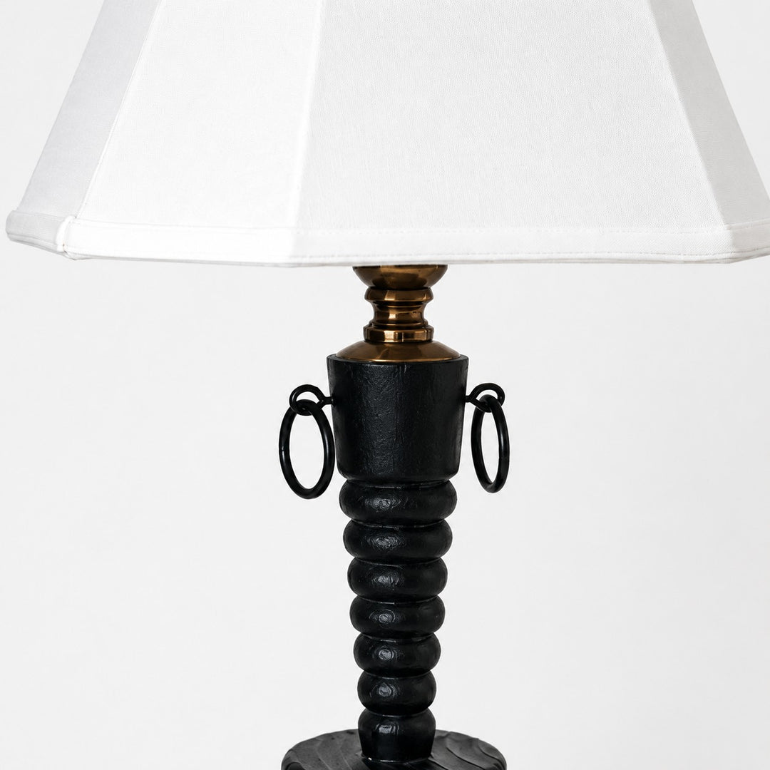 Vintage Black Wood Table Lamp with White Fabric Shade