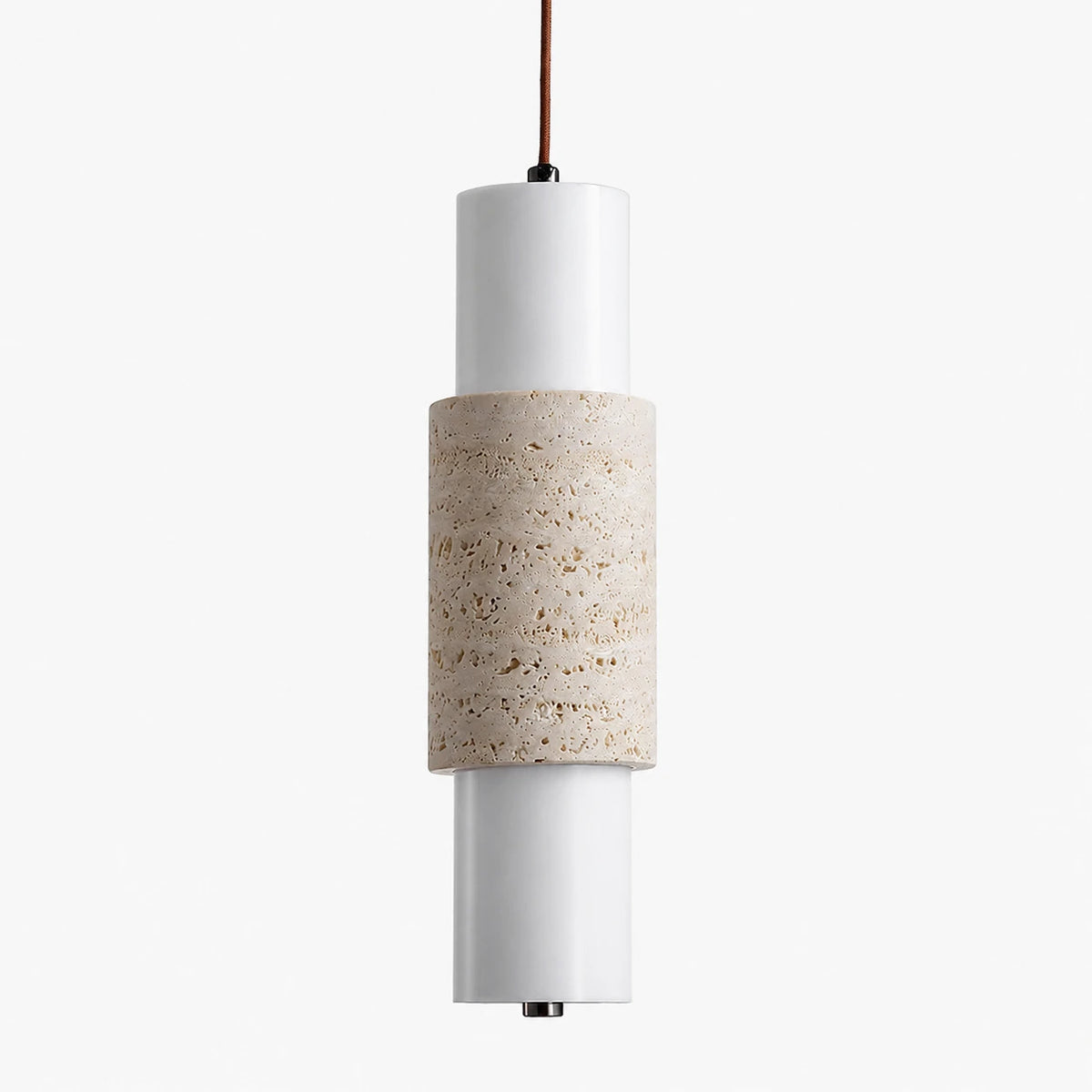 Yellow travertine pendant lamp shown unlit with white cylinder shade