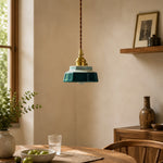 Afbeelding laden in galerijweergave, jade blue ceramic pendant light over a dining table