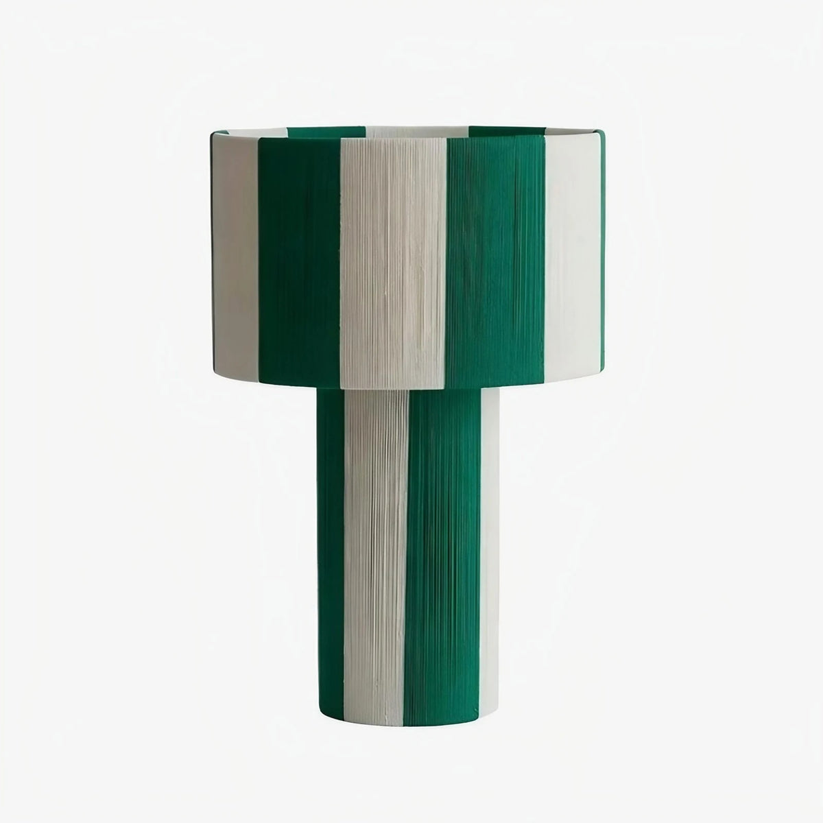 Green and white striped woven shade table lamp on a white background