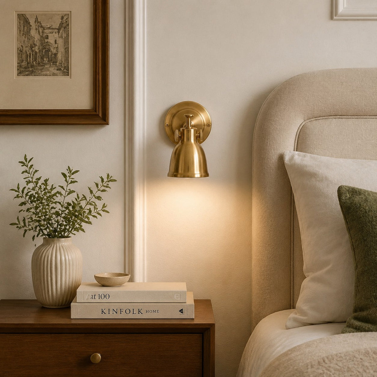 Brass wall lamp installed in a warm interior