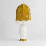 Carica l'immagine nella visualizzazione Galleria, Full view of vintage chinoiserie ceramic table lamp with beaded fringe shade