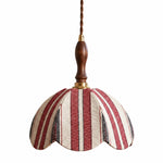 Cargar imagen en el visor de la Galería, Red and ivory striped fabric pendant lamp with dark wood handle and brass connector