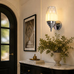 Cargar imagen en el visor de la Galería, Chrome white glass wall sconce above an entry console