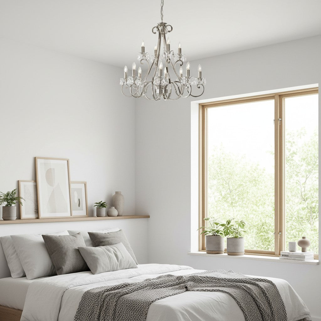 Talonis Kristall-Kronleuchter - Traditioneller Kerzenstil aus Messing und Nickel für Wohnzimmer und Esszimmer