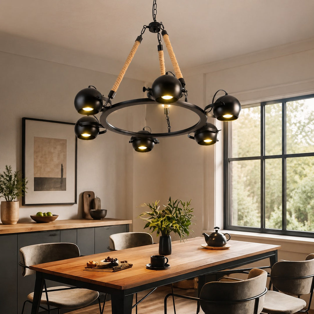 Industrial Rope Chandelier with Adjustable Rounded Heads