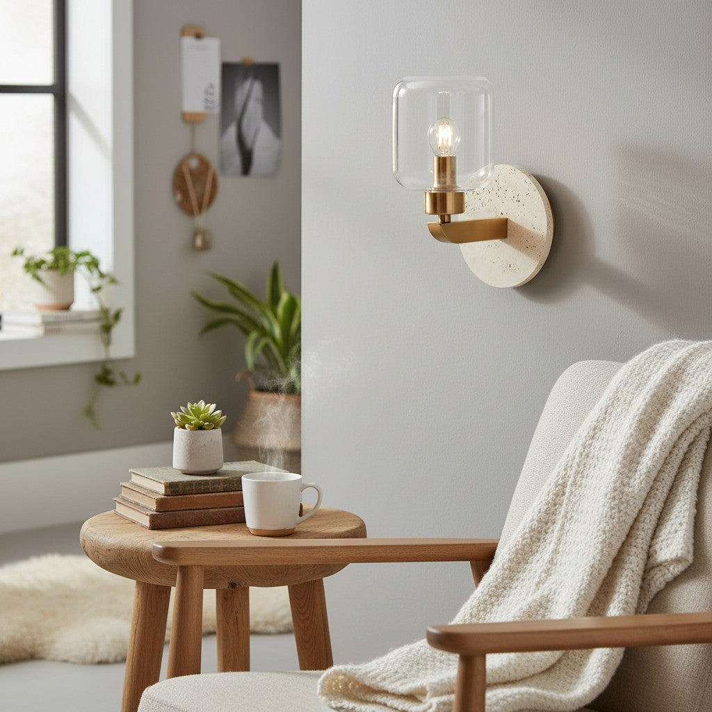 Lámpara de Pared Moderna de Mármol Korlisse - Latón Vintage y Acento de Vidrio Transparente para Sala de Estar y Pasillo