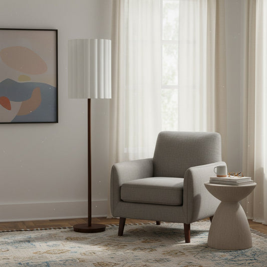 Lámpara de Pie Linbron de Madera de Nogal con Pantalla de Lino Acanalada – Decoración Natural Moderna para el Hogar