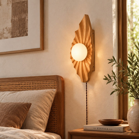 Aplique de pared de madera natural estilo wabi-sabi