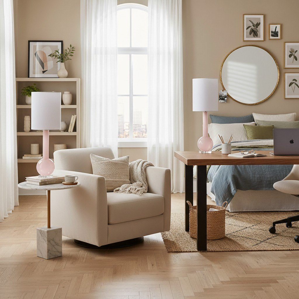 Savara Minimalist Table Lamp - Clean Glass Form with Fabric Shade for Bedrooms