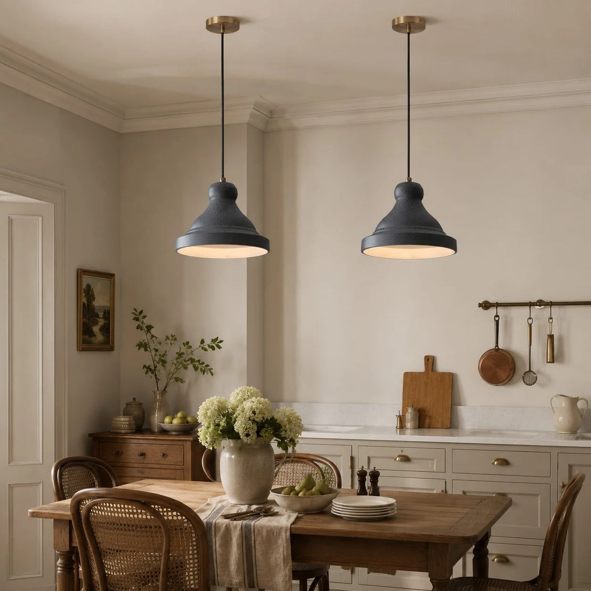 Gray metal pendant lamps above a dining table scene