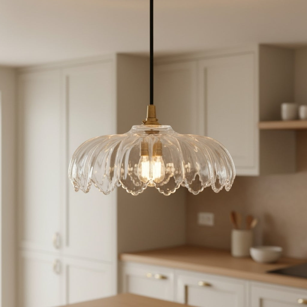 Floriaxis Floral Glass Pendant Light — Floral Glass Shade with Braided Cable for Kitchen or Dining