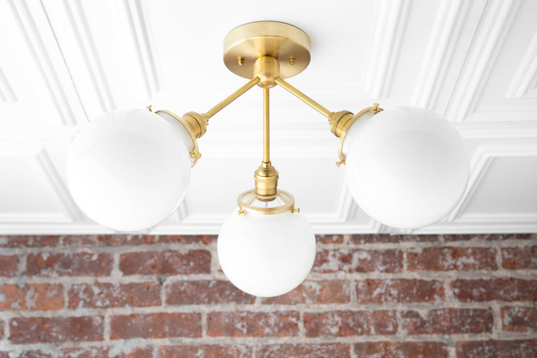 Glorica Glass Chandelier - Brass Globe Ceiling Light with Opal Shade