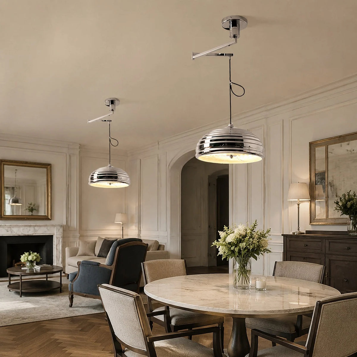 Chrome adjustable pendant light in a classic living dining room