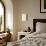 Afbeelding laden in galerijweergave, Square fabric shade table lamp in a bedroom