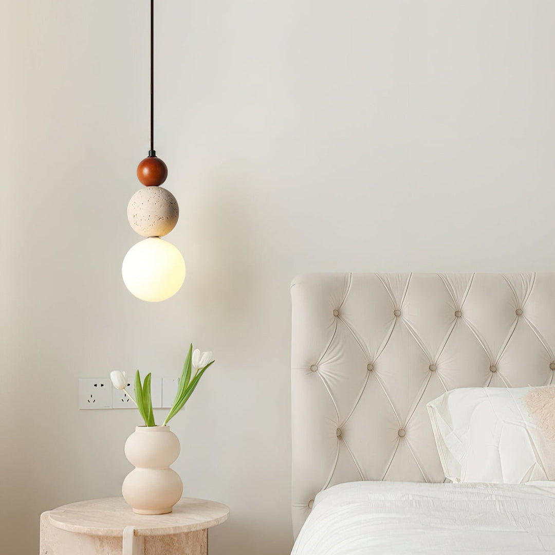 Lámpara Colgante de Noche Elegante de Piedra Crema para Mesita de Noche