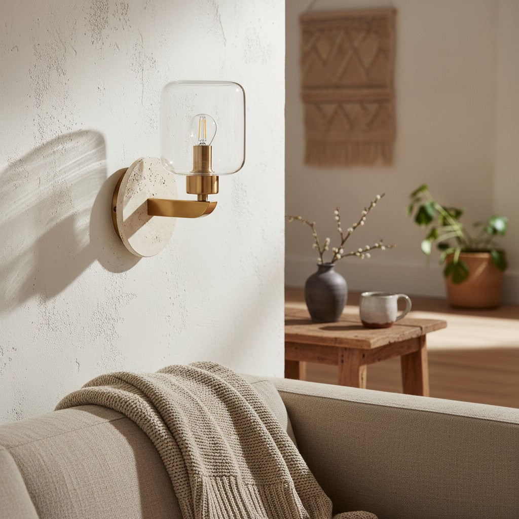 Lámpara de Pared Moderna de Mármol Korlisse - Latón Vintage y Acento de Vidrio Transparente para Sala de Estar y Pasillo