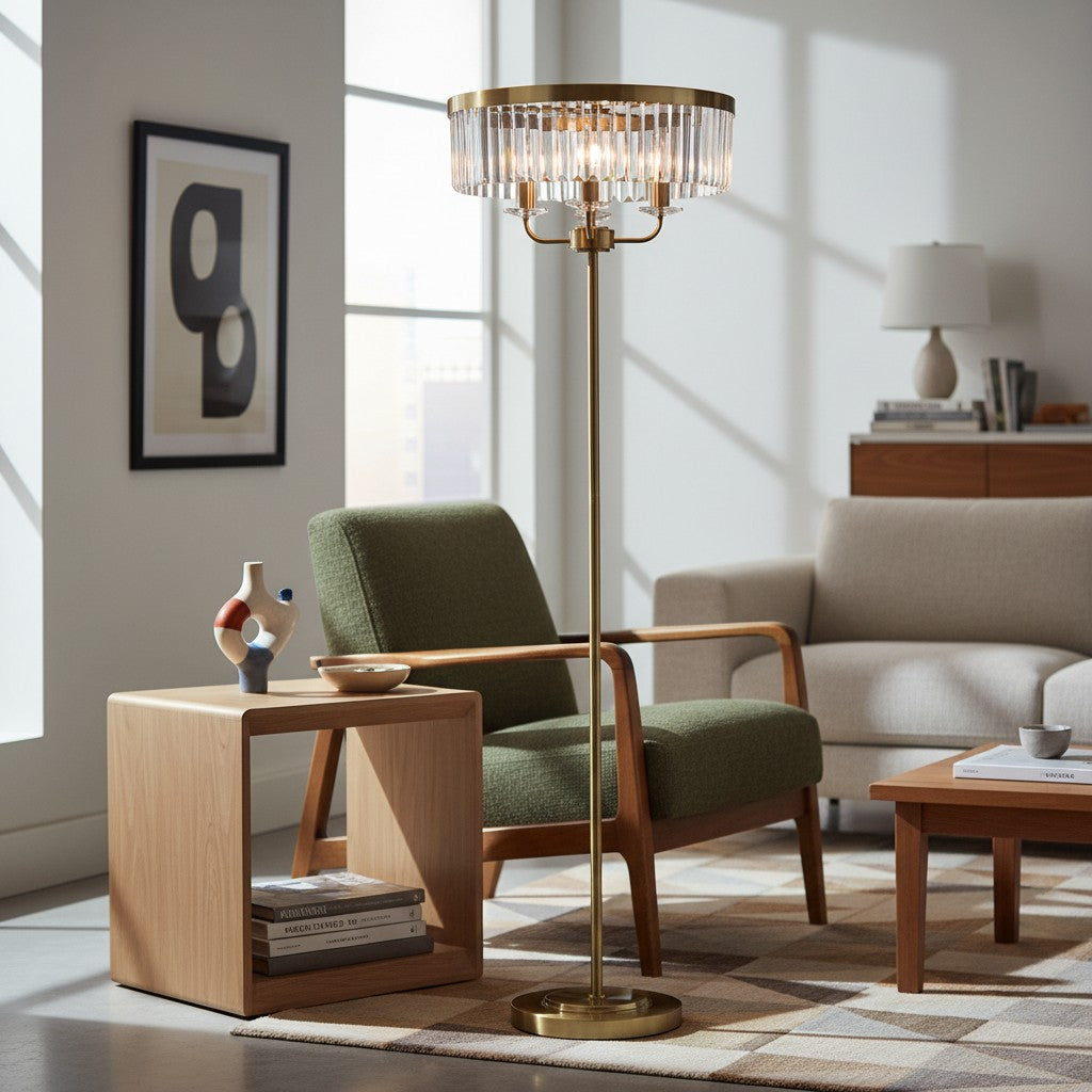 Beveline 3-licht ronde vloerlamp - facetrand glazen kapjes klassieke metalen afwerking voor woonkamers