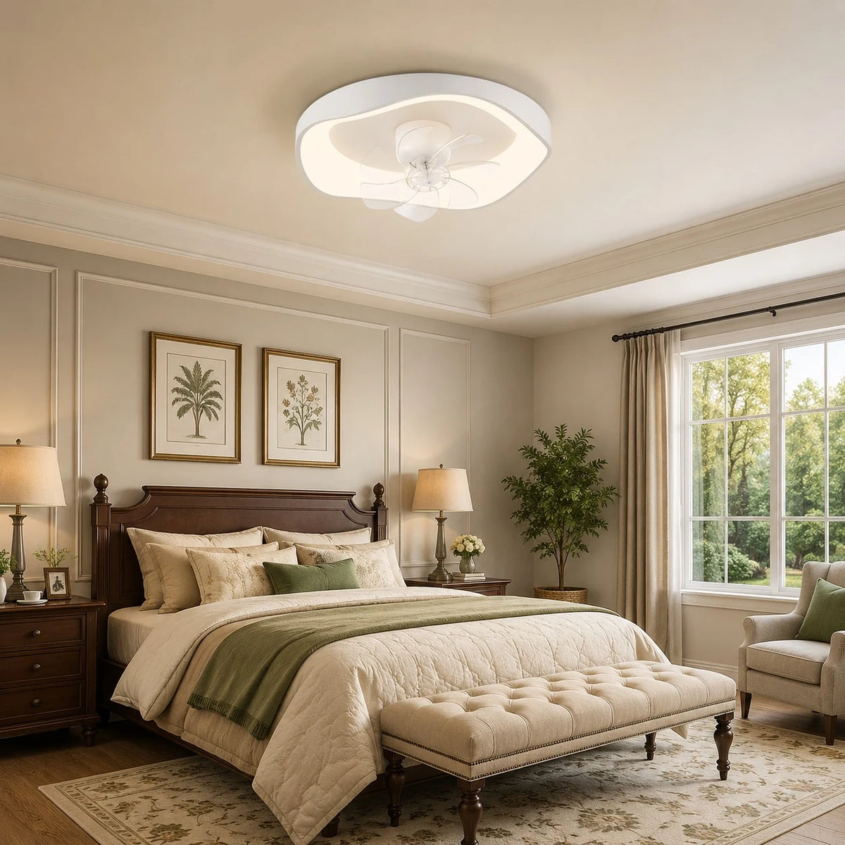 Ceiling fan light scale in a bright bedroom
