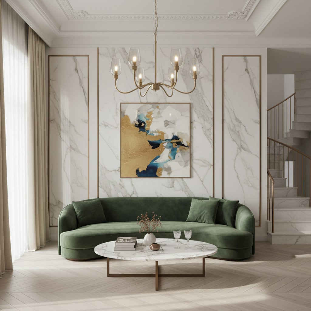 Clarione Art Deco 6-licht lineaire kroonluchter met mondgeblazen glazen kapjes voor keuken