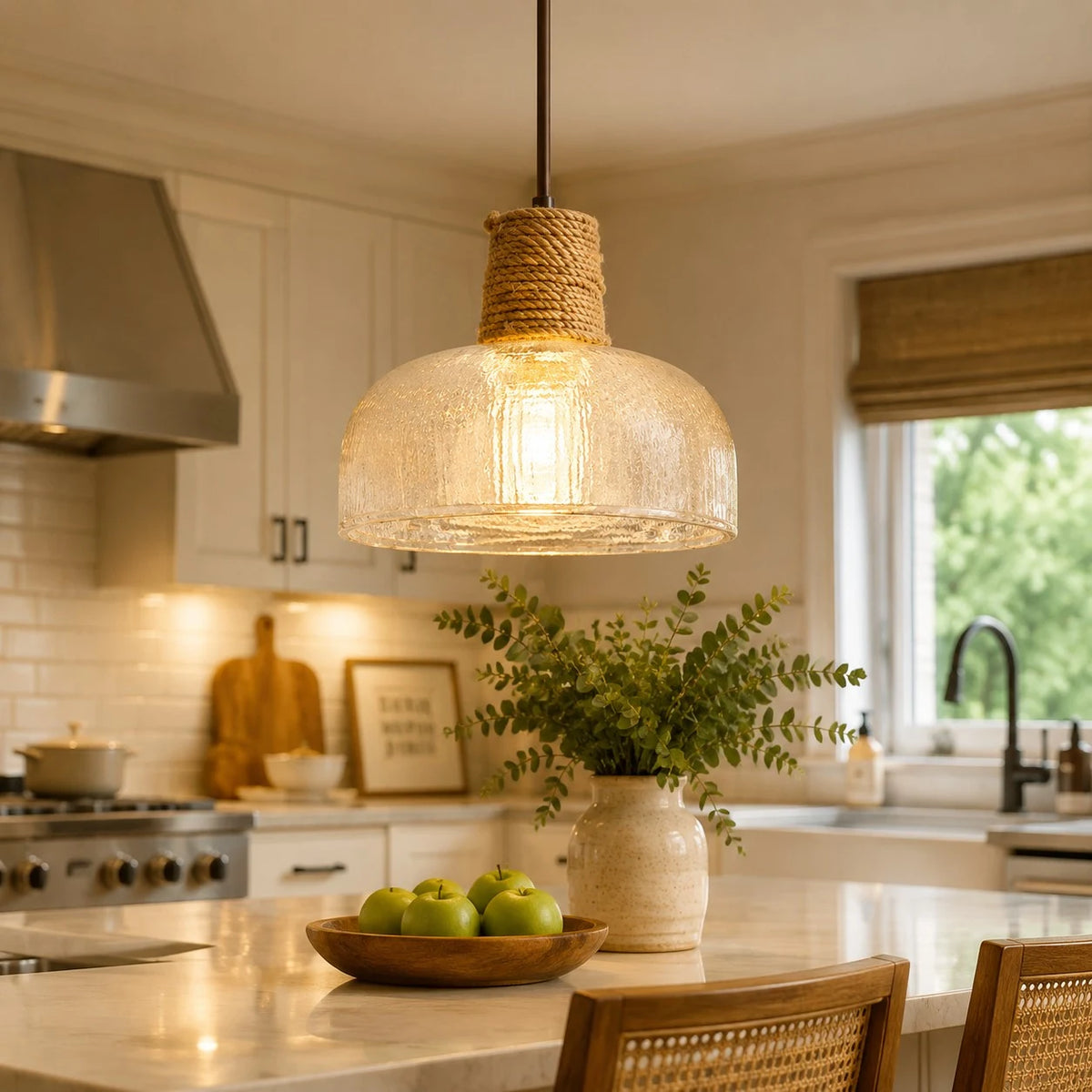 Rustic Woven Rope Glass Pendant Light Collection