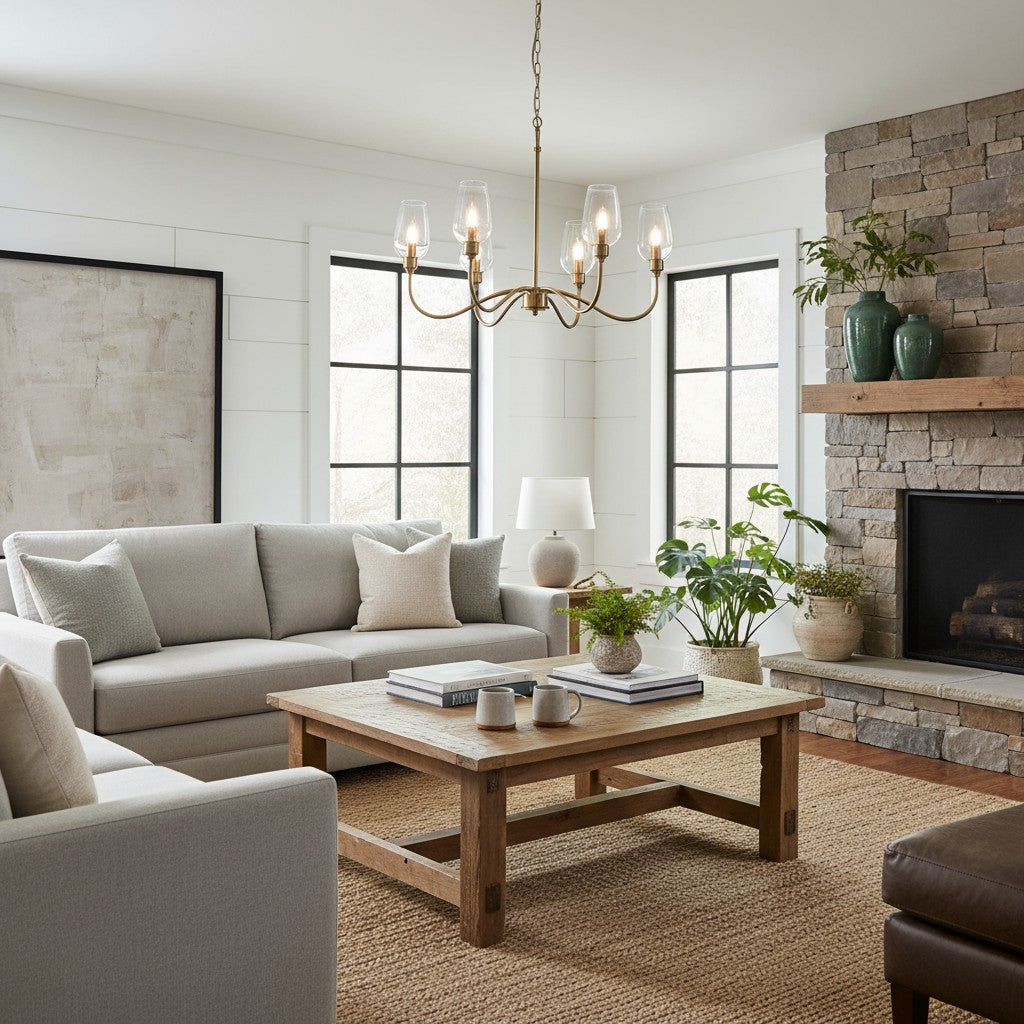 Clarione Art Deco 6-licht lineaire kroonluchter met mondgeblazen glazen kapjes voor keuken