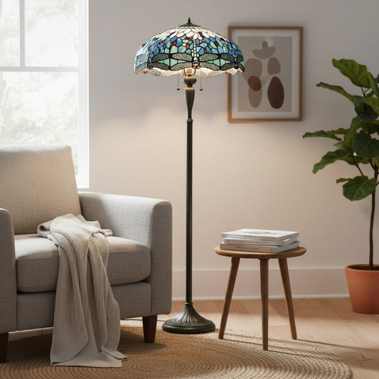 Lámpara de pie TiffStar de vidrio artístico con pantalla de patrón ornamental – Luz de pie para salas