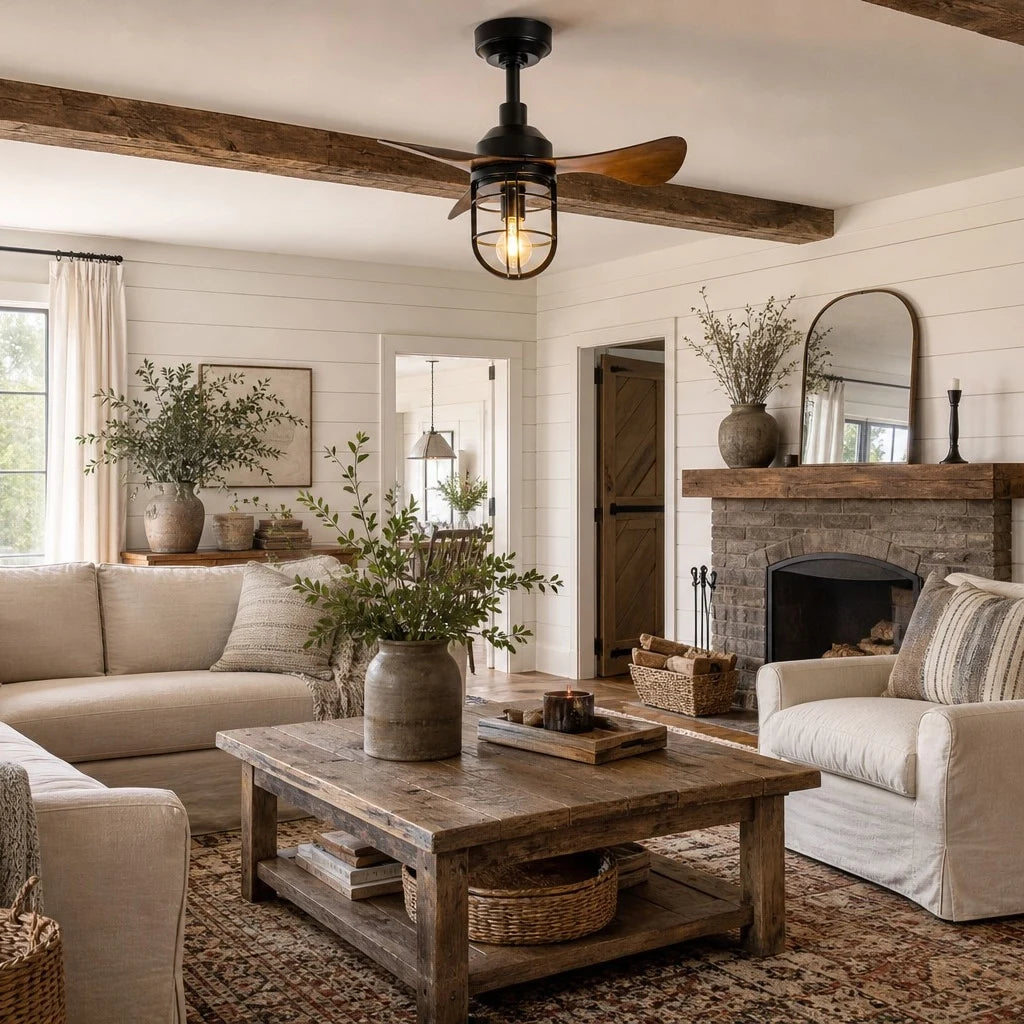 rustic ceiling fan light installed in a small living room