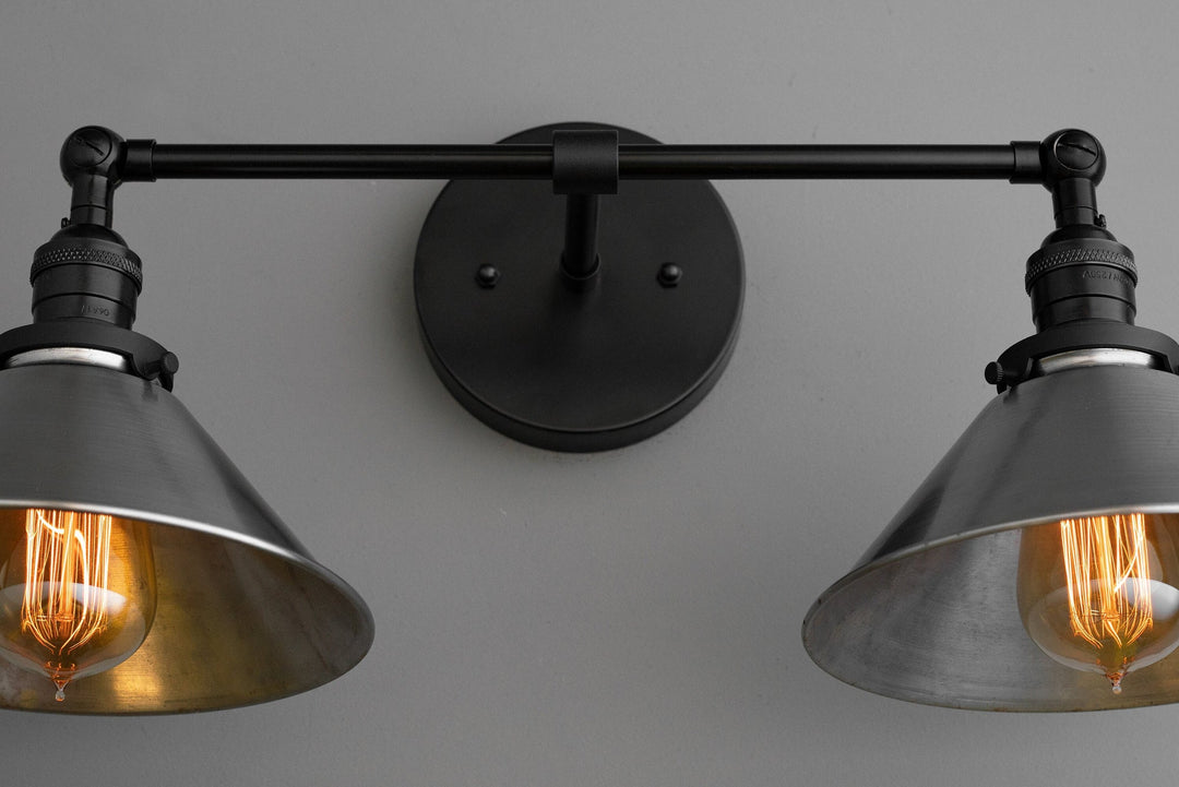 Conique Metal Industrial Wall Sconce with Dual Cone Shades - Vintage Metal Finish