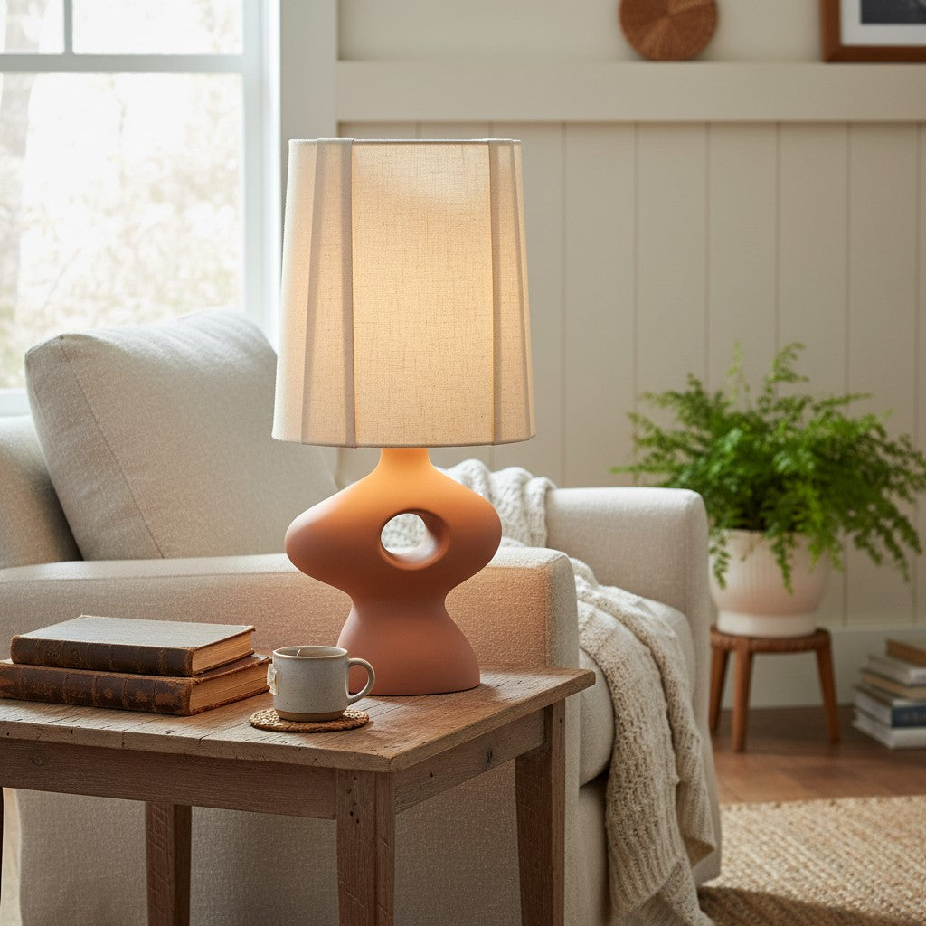 Pryssa keramische tafellamp met ivoorkleurige linnen kap - artistieke verlichting voor woonkamer of slaapkamer