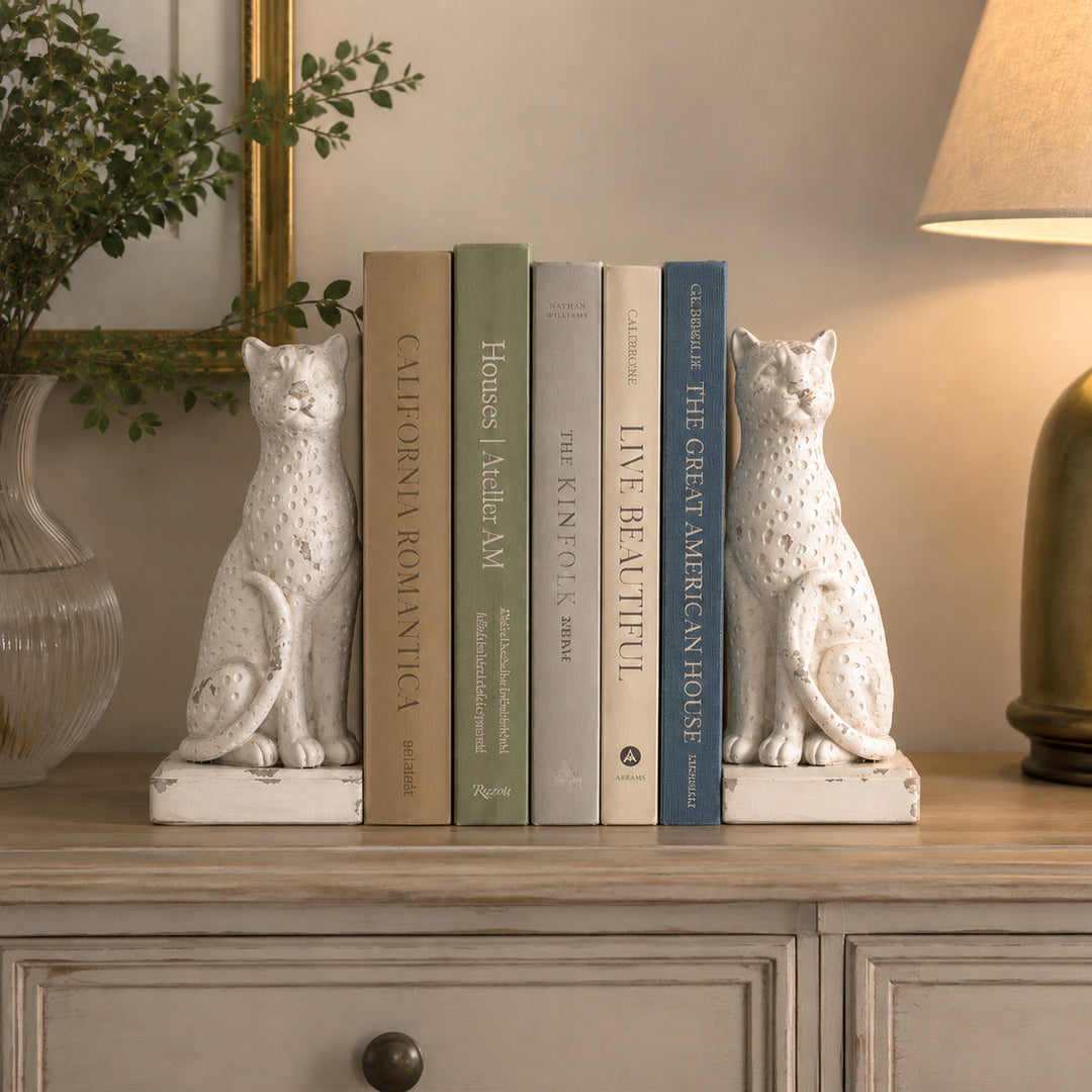 Leopard bookends shelf styling