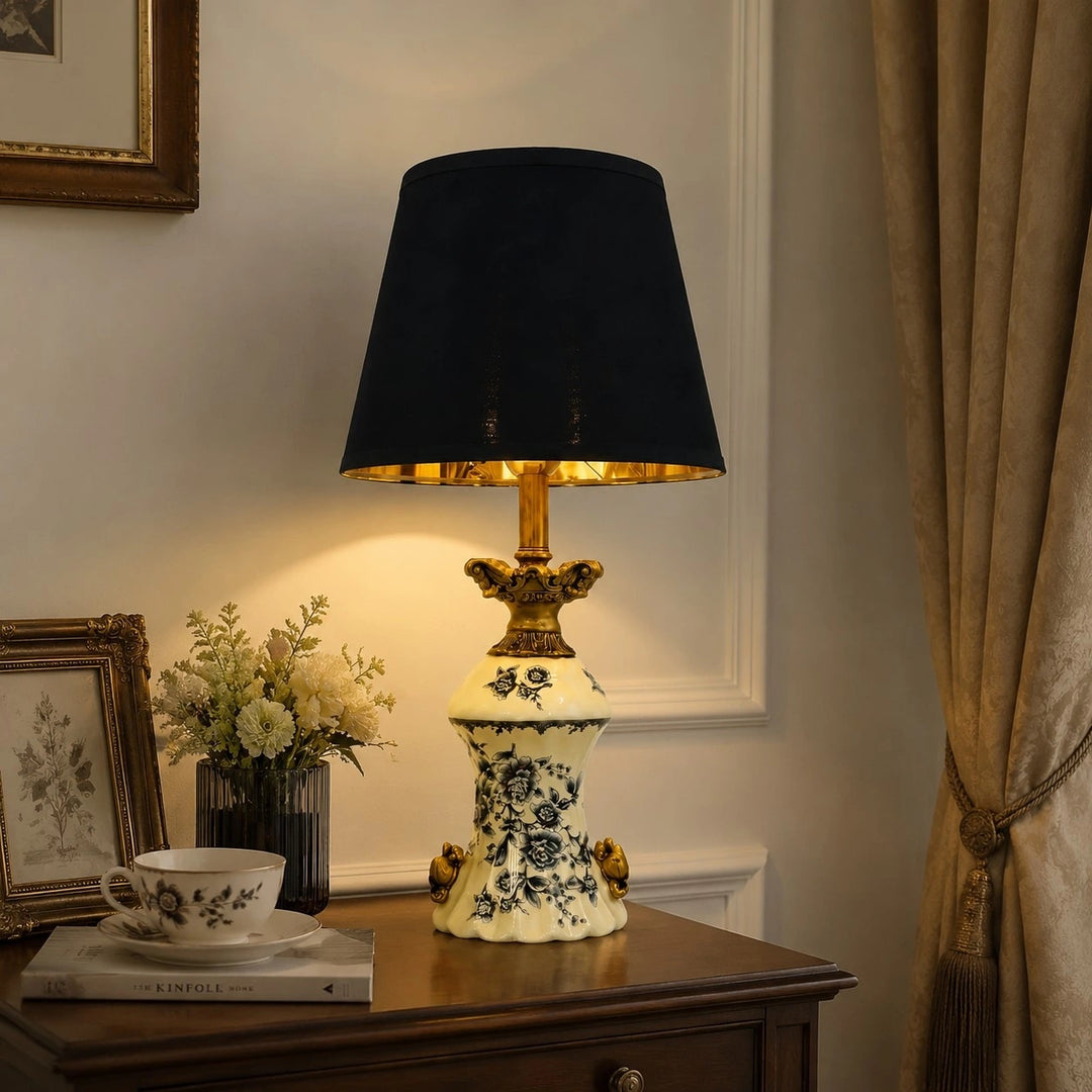 Blue porcelain motif table lamp on a classic side table