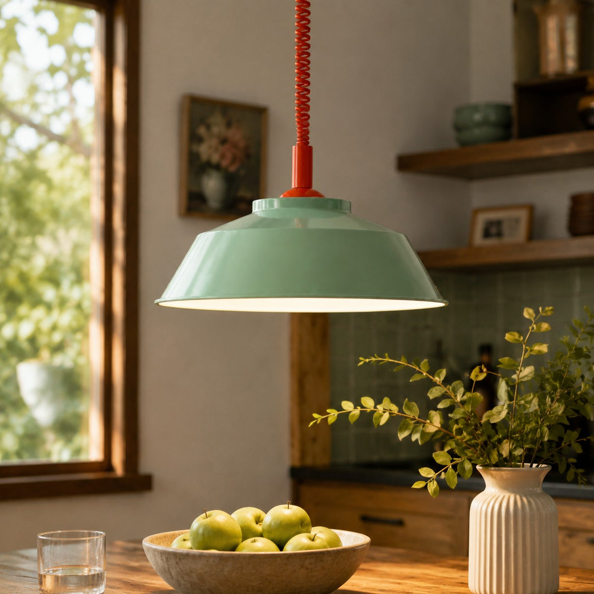 Memphis pull-down pendant in a dining space