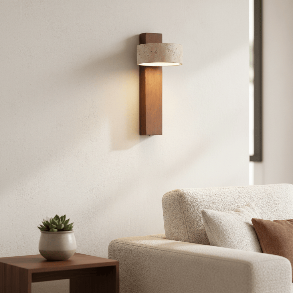 Waloria Zeitgenössische Wandleuchte – Minimalistische Holzleuchte mit Naturstein-Schirm für Wohnzimmer N56