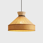 Załaduj obraz do przeglądarki galerii, Shade A woven fabric cone pendant light with warm glow