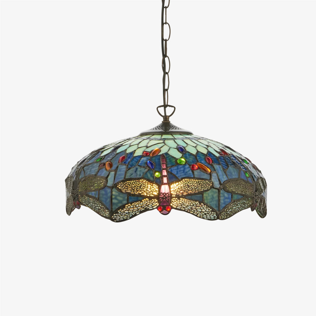 TF Dragonfly Blauwe Tiffany Plafondlamp – Art Nouveau Glas-in-Lood Hanglamp voor Woonkamer