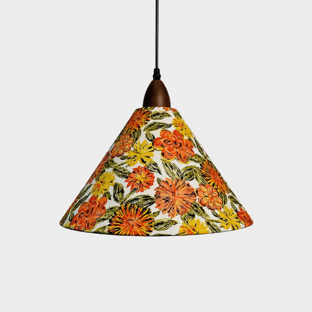 Large orange floral cone pendant light front view
