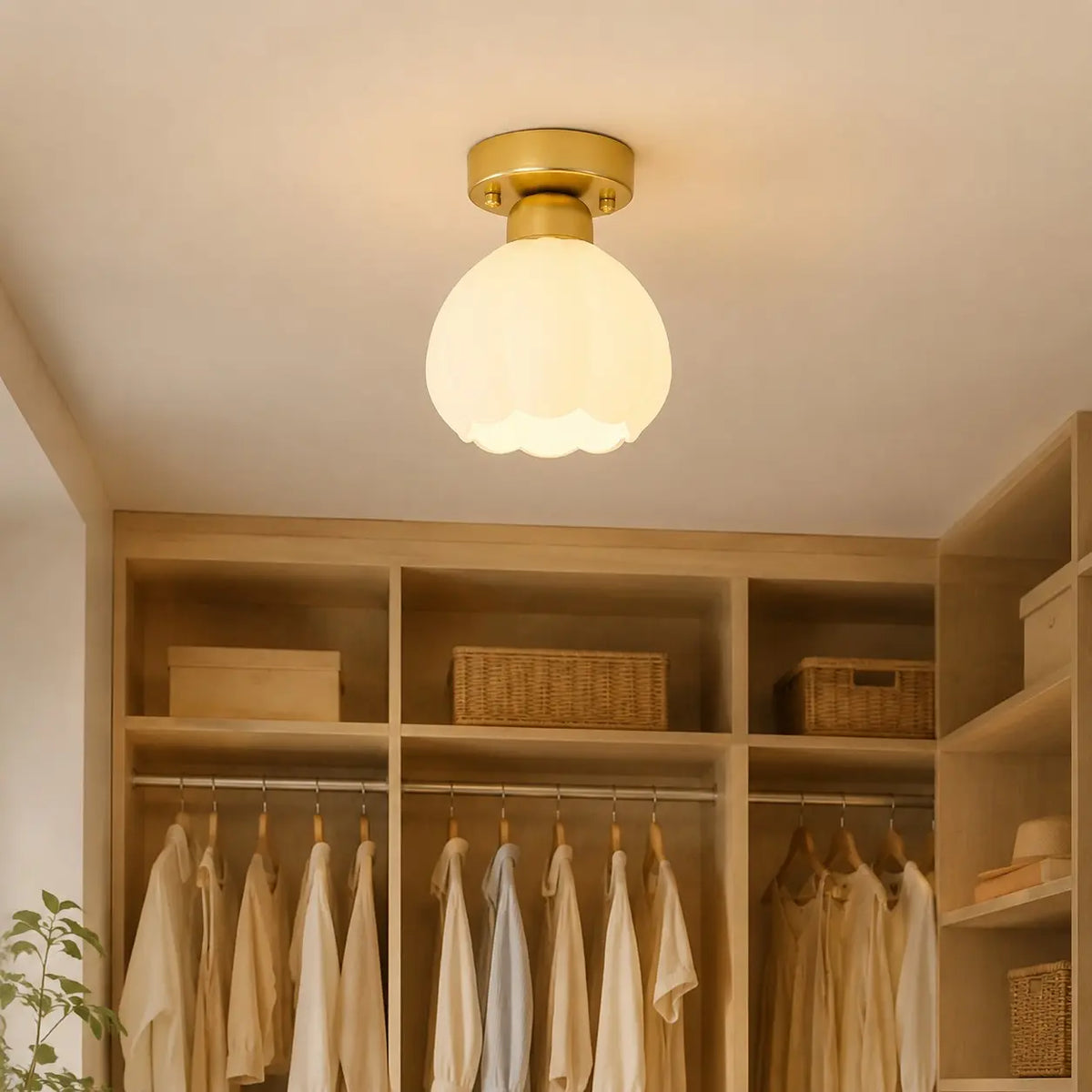 Milk glass flower ceiling light in a small dressing room